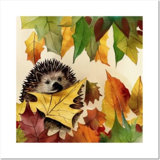 Hedgehog hiding between Autumn Leaves Posters and Art
